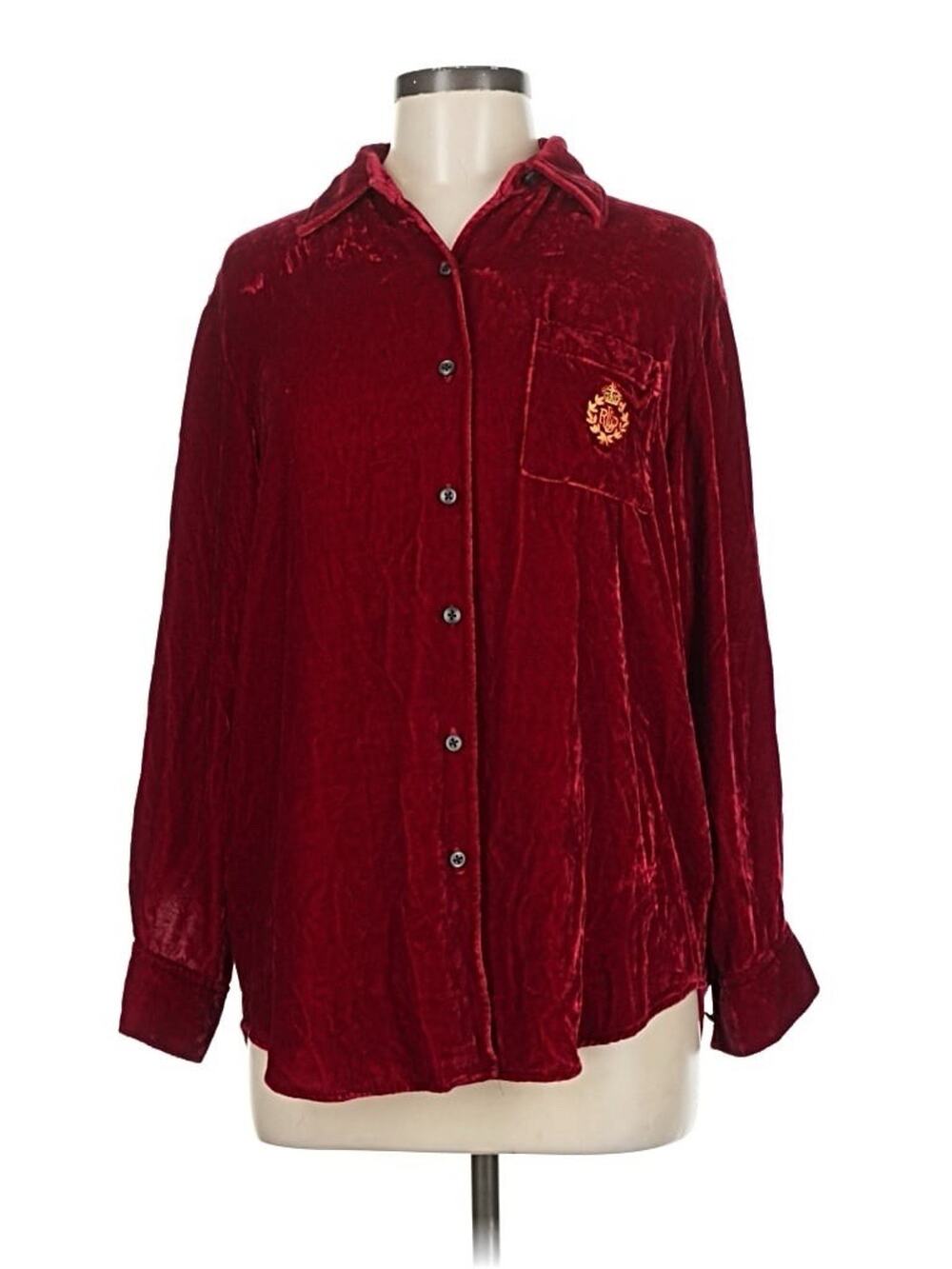 VTG Ralph Lauren Red Velvet Velour Button Down Shirt Gold Crest Silk Blend MP